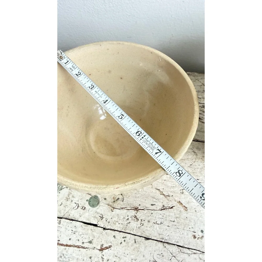 Vintage USA Yellowware Mixing Bowl Set Pastel Blue Pink Stripes 2pc